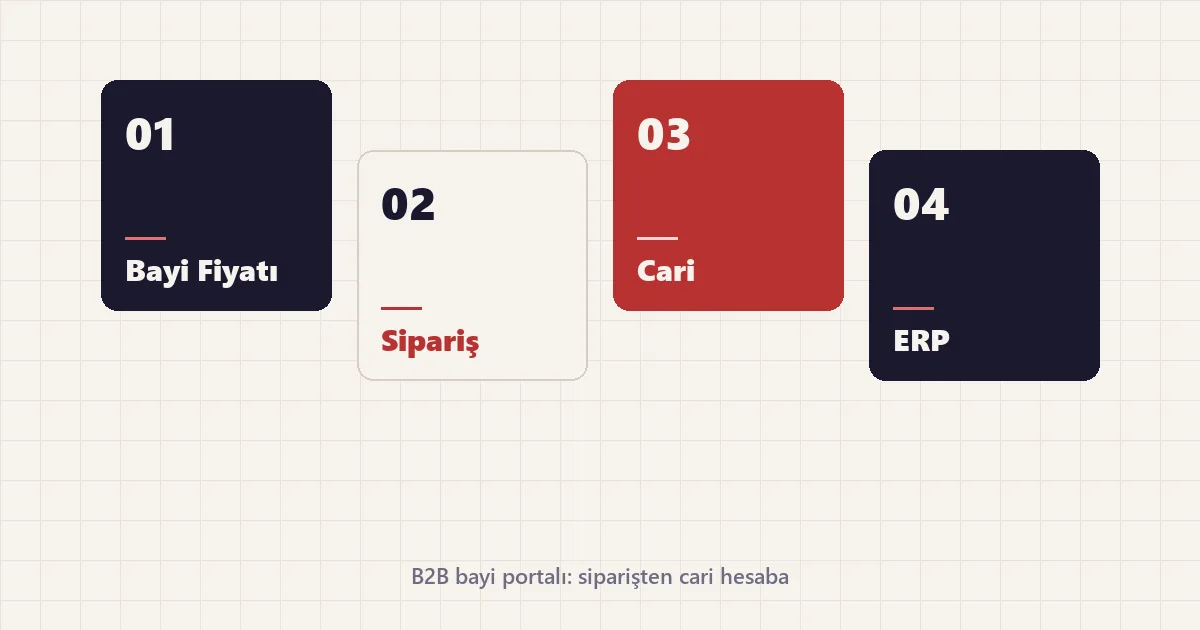 Bayi fiyatı, toplu sipariş, cari hesap ve ERP bağlantısını gösteren dört kare karttan oluşan B2B bayi portalı şeması